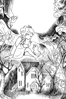 ポーチで少女が小犬と